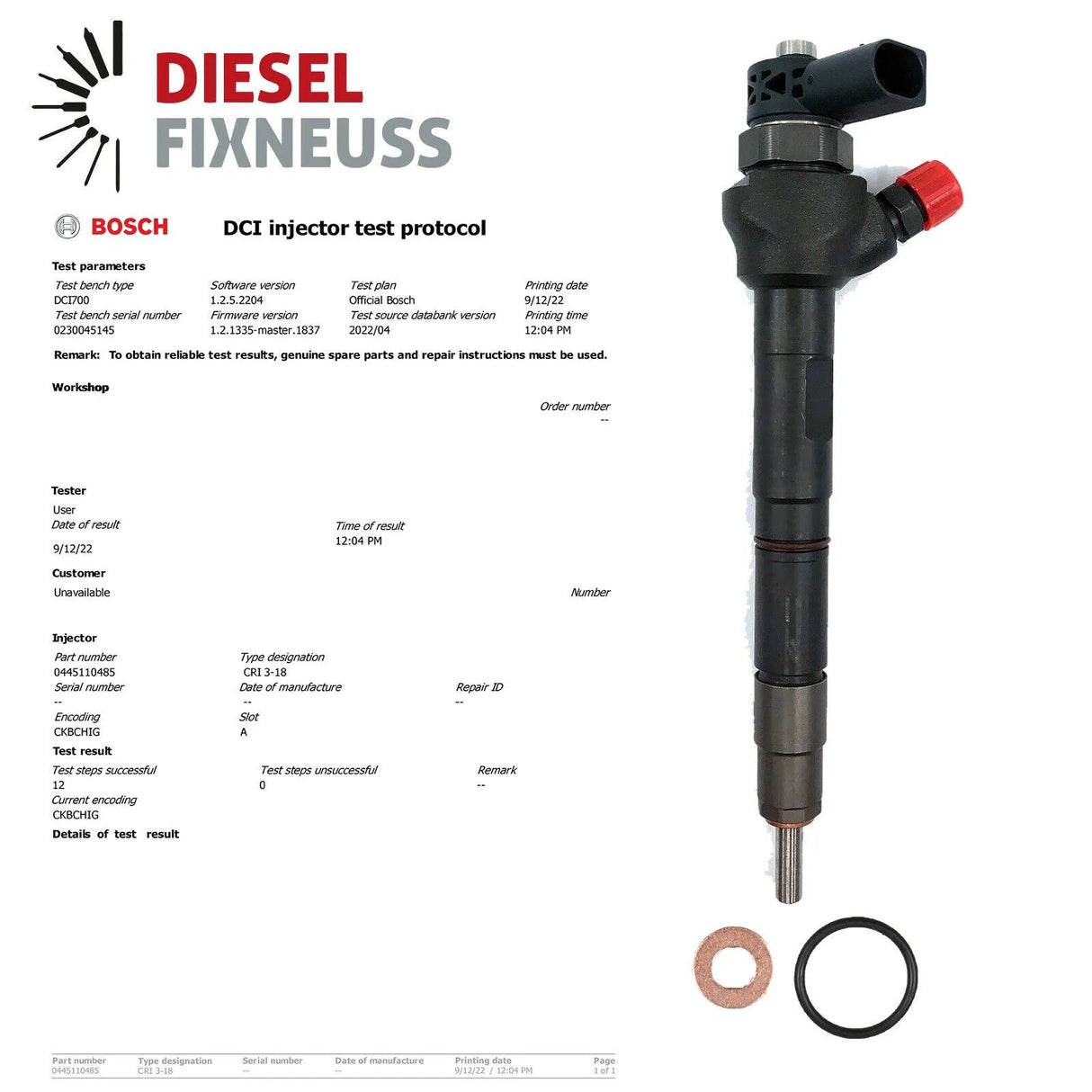 Bosch Injector Renault/Nissan/Dacia 1.5 dCi | Part No: 0445110485/16608399R | Includes: Copper ring, O-ring, BOSCH test report | 1-Year Warranty, unlimited mileage