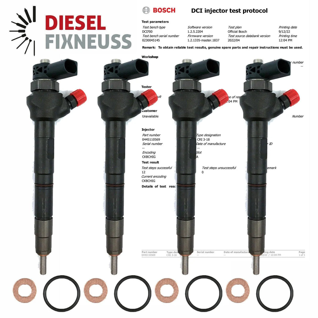 4x Renault Trafic III 1.6 DCI bosch injectors (part number 0445110569/166000804R) with test report(Bosch DCi 700). Compatible with multiple Opel, Renault, and Fiat diesel vehicles including Talento, Vivaro B, Trafic III, Talisman, Scénic IV, Megane IV, Grand Scénic IV, and Espace V models. Comes with 1-year warranty without kilometer limitation.