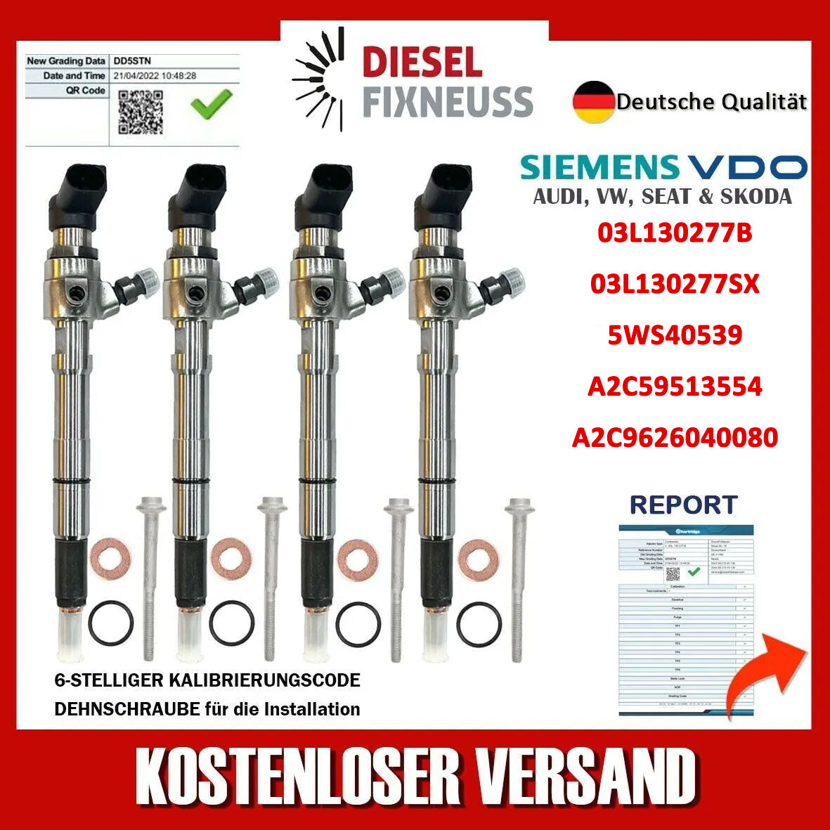 4x Injektor 03L130277B Siemens VW Motor CAYA 1.6 TDI CONTINENTAL