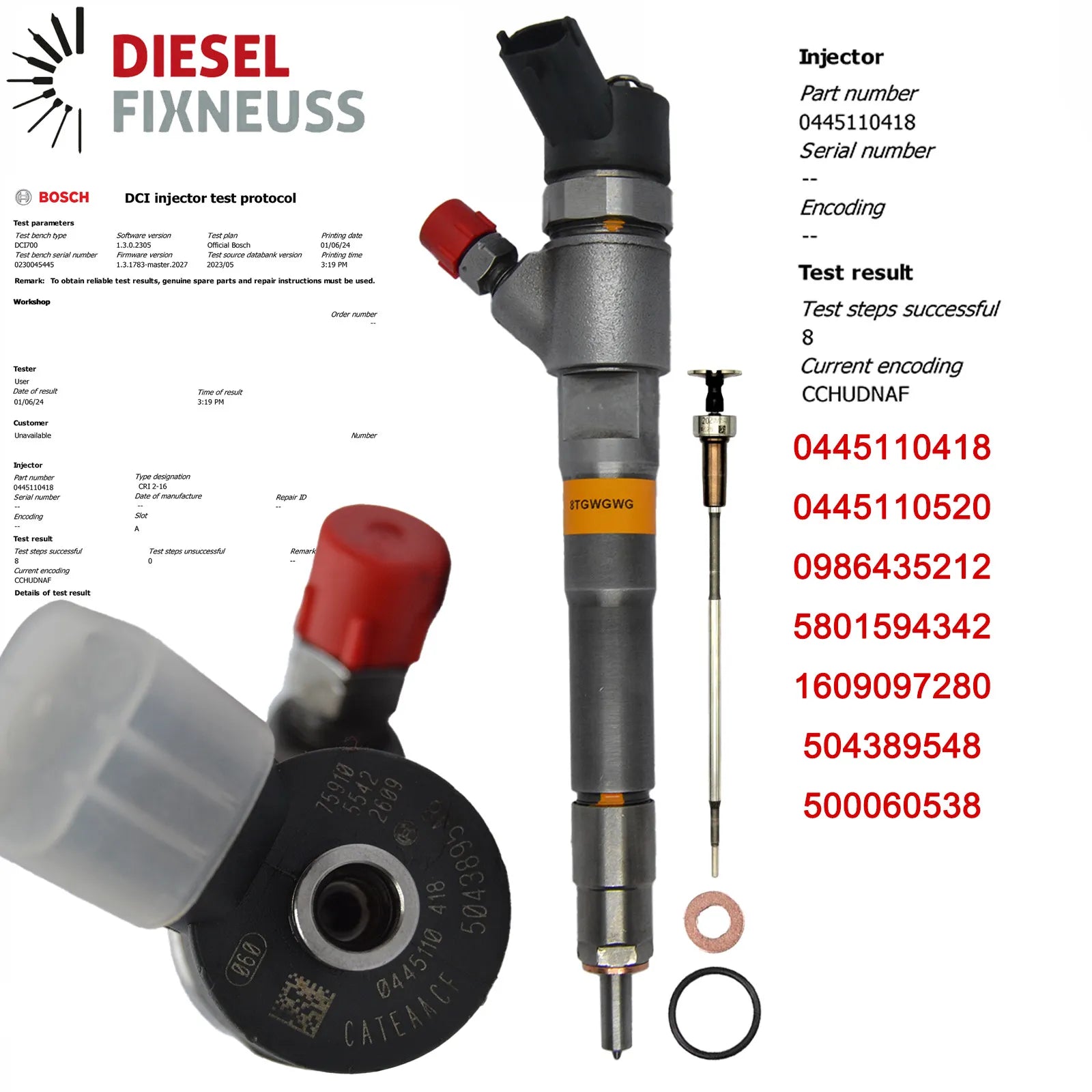 Bosch injectors (part number 0445110418/504389548/JD22) compatible with FIAT CITROEN PEUGEOT vehicles. Includes copper sealing rings, O-rings, and (Bosch Dci 700) test report. Fits FIAT DUCATO and IVECO DAILY IV/V models with various power outputs (95-170 PS). Compatible with Multijet engines across numerous vehicle variants. Comes with 1-year warranty without kilometer limitation.