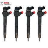 4x Bosch injectors (part number 0445110469) compatible with Audi, VW, Seat and Skoda vehicles. Includes copper sealing rings, O-rings, and (Bosch Dci 700) test report. Fits VW, Seat, Aud, and Skoda models. Comes with 1-year warranty without kilometer limitation.