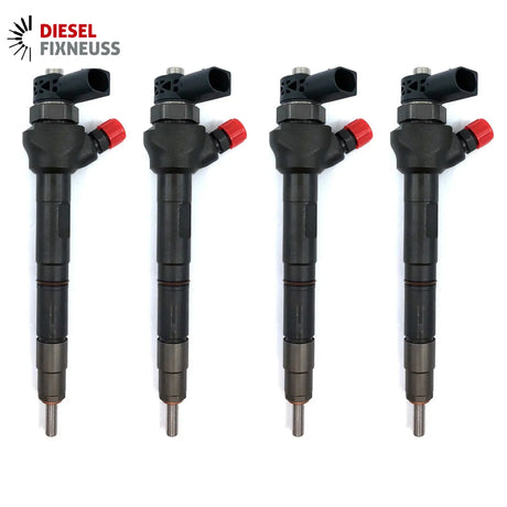 4x Bosch injectors (part number 0445110469) compatible with Audi, VW, Seat and Skoda vehicles. Includes copper sealing rings, O-rings, and (Bosch Dci 700) test report. Fits VW, Seat, Aud, and Skoda models. Comes with 1-year warranty without kilometer limitation.