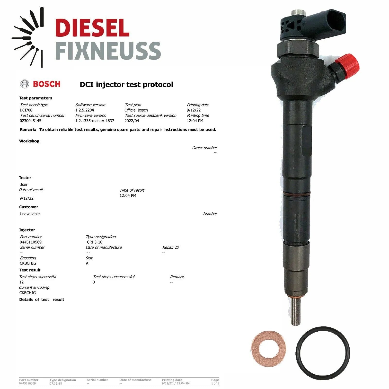 Renault Trafic III 1.6 DCI bosch injectors (part number 0445110569/166000804R) with test report(Bosch DCi 700). Compatible with multiple Opel, Renault, and Fiat diesel vehicles including Talento, Vivaro B, Trafic III, Talisman, Scénic IV, Megane IV, Grand Scénic IV, and Espace V models. Comes with 1-year warranty without kilometer limitation.