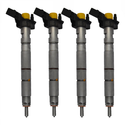 4x Bosch injectors (part number 0445115037) compatible with Audi VW vehicles. Includes copper sealing rings, O-rings, and (Bosch Dci 700) test report. Fits VW and Audi models. Comes with 1-year warranty without kilometer limitation.