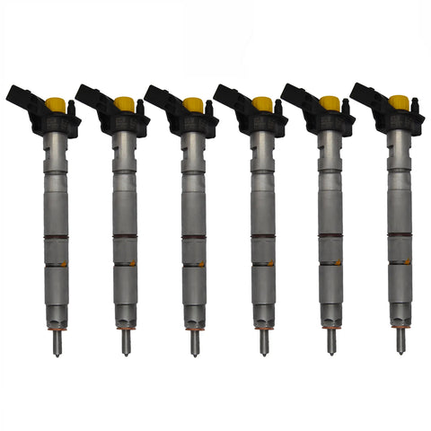 6x Bosch injectors (part number 0445115037) compatible with Audi VW vehicles. Includes copper sealing rings, O-rings, and (Bosch Dci 700) test report. Fits VW and Audi models. Comes with 1-year warranty without kilometer limitation.