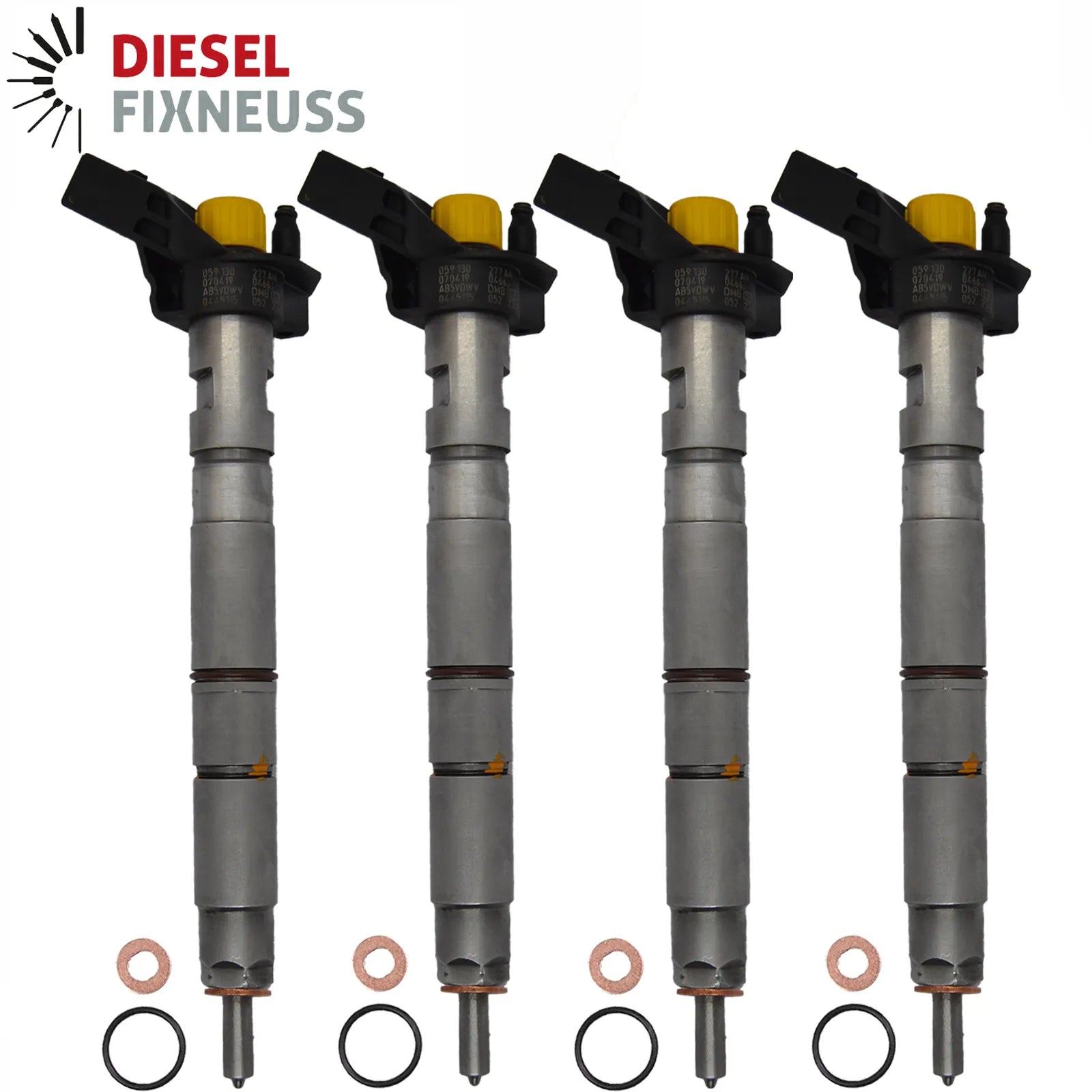 4x Bosch injectors (part number 0445115037) compatible with Audi VW vehicles. Includes copper sealing rings, O-rings, and (Bosch Dci 700) test report. Fits VW and Audi models. Comes with 1-year warranty without kilometer limitation.