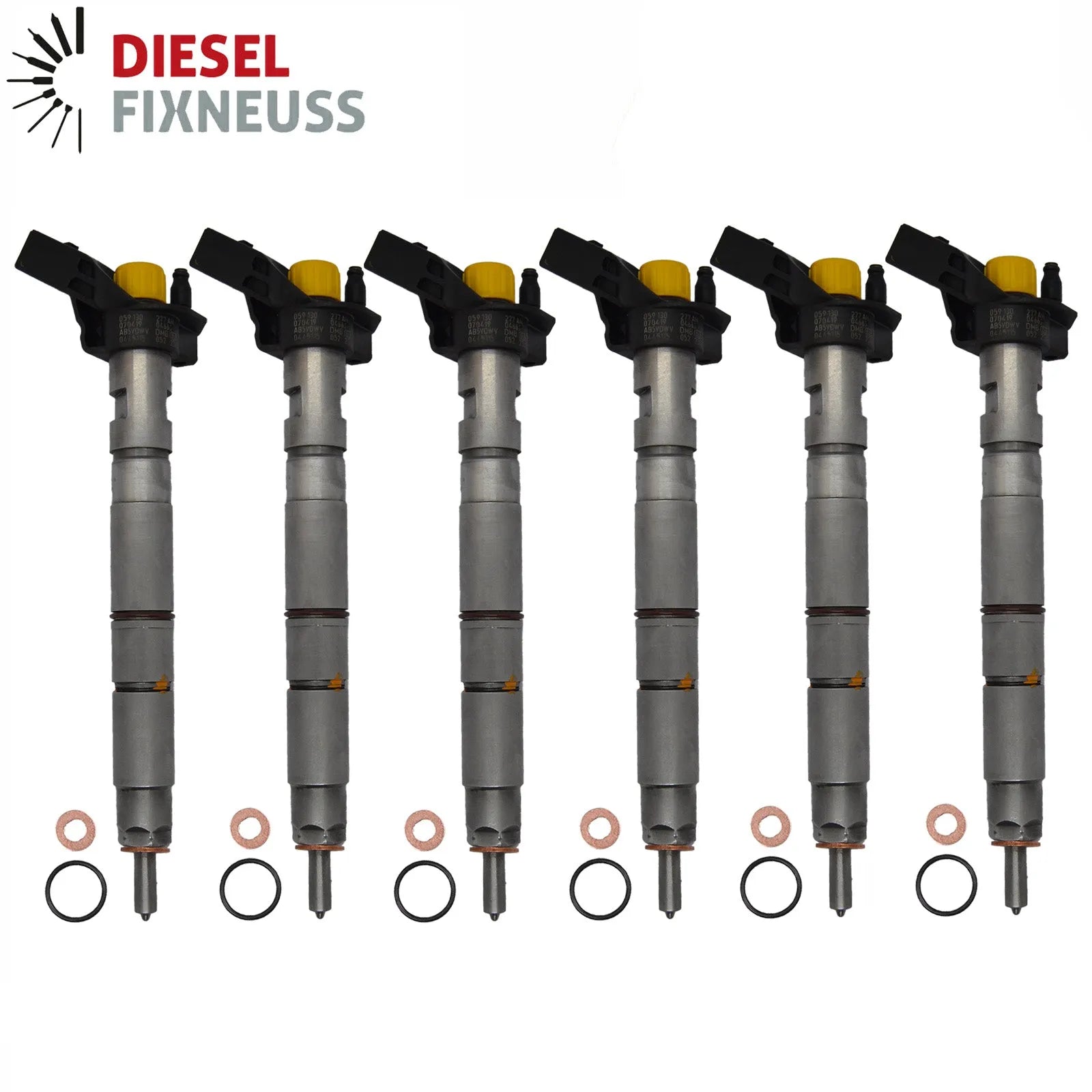 6x Bosch injectors (part number 0445115037) compatible with Audi VW vehicles. Includes copper sealing rings, O-rings, and (Bosch Dci 700) test report. Fits VW and Audi models. Comes with 1-year warranty without kilometer limitation.