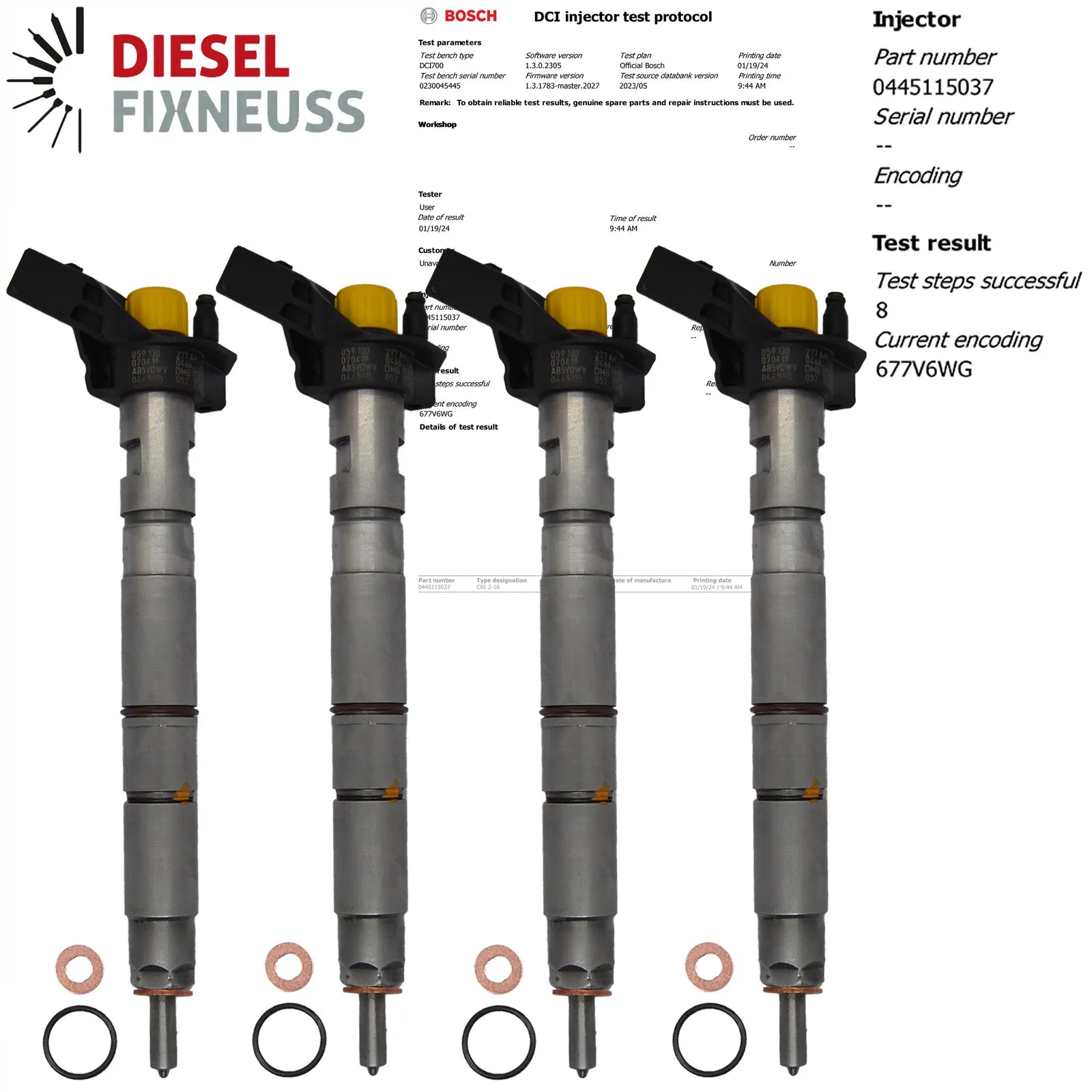 4x Bosch injectors (part number 0445115037) compatible with Audi VW vehicles. Includes copper sealing rings, O-rings, and (Bosch Dci 700) test report. Fits VW and Audi models. Comes with 1-year warranty without kilometer limitation.