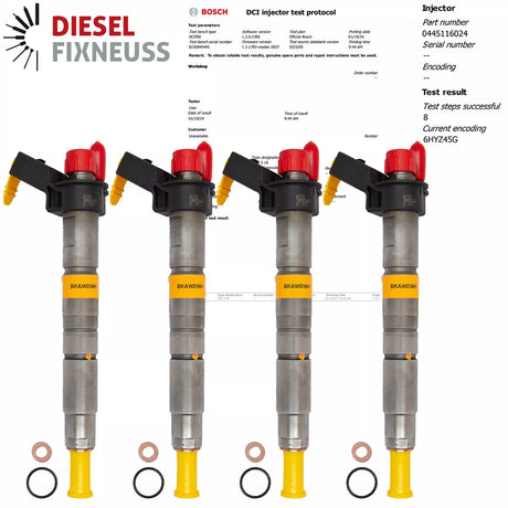 4x BMW Diesel Injectors (0445116024) - Compatible with BMW 525d, 530d, X5, X6, 3.0d and many other models including E60, E90, F10 series. Includes O-rings and BOSCH test report. Fits 2.0D (120KW/163PS, 130KW/177PS) and 3.0D (150KW/204PS, 170KW/231PS, 180KW/245PS) engines.