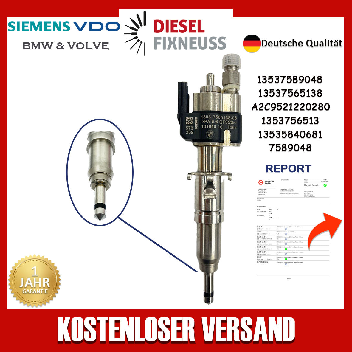 Einspritzdüse Einspritzventil VDO 13537565138-06 13537589048 N43 N53 BMW Benzin