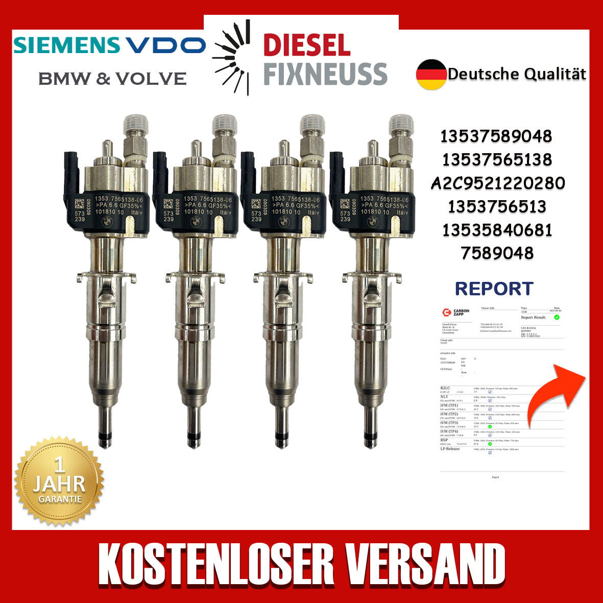 4x Einspritzdüse VDO 13537589048 13537565138-06 13537585261 N43 N53 BMW Benzin