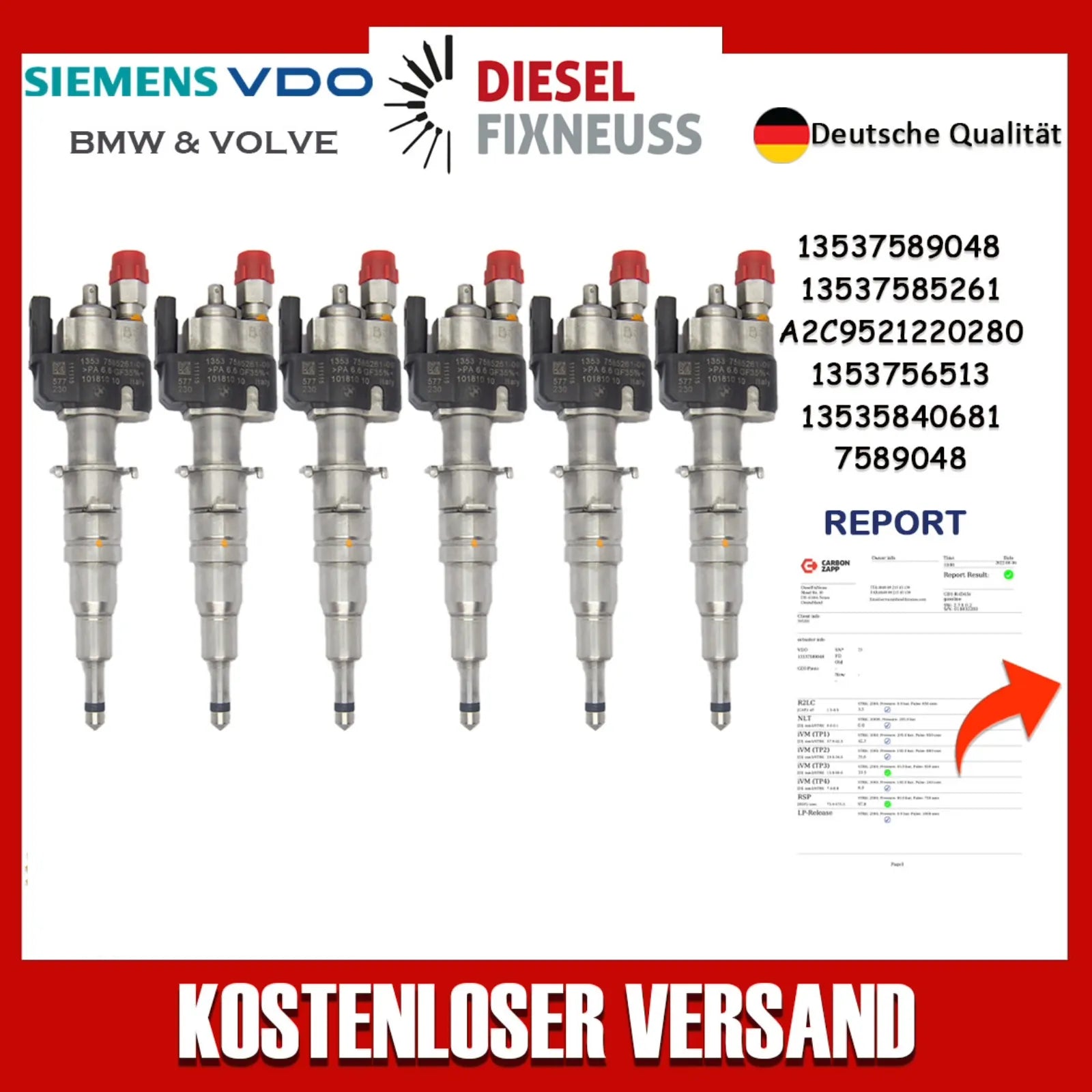 6x Fuel Injector BMW 1/3/5 Series | Part No: 13537589048/13537585261-08 Benzin | Compatible with N45/N43/N53 Engines | Includes Copper Ring, O-Ring, Test Report