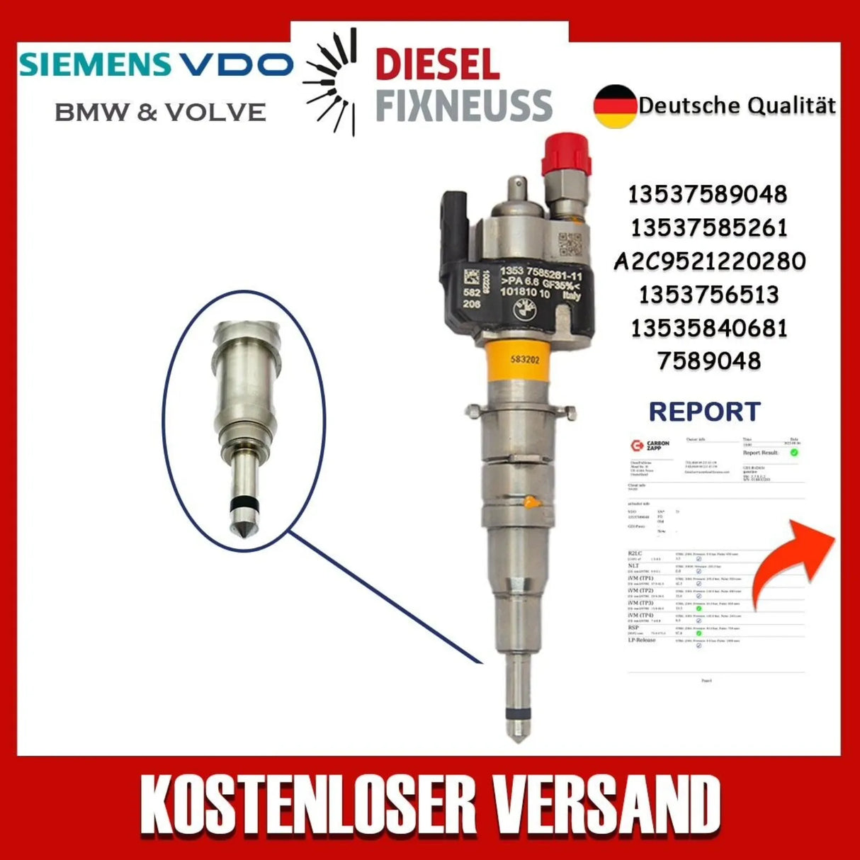 Fuel Injector BMW 1/3/5 Series | Part No: 13537589048/13537585261-11 Benzin | Compatible with N45/N43/N53 Engines | Includes Copper Ring, O-Ring, Test Report
