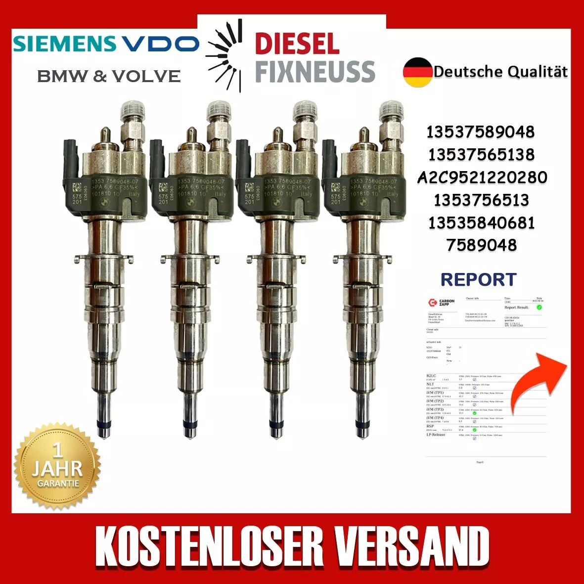 4x BMW Einspritzdüse E81 88 E90 93 E60 E61 F10 F11 13537589048-07 / 13537565138