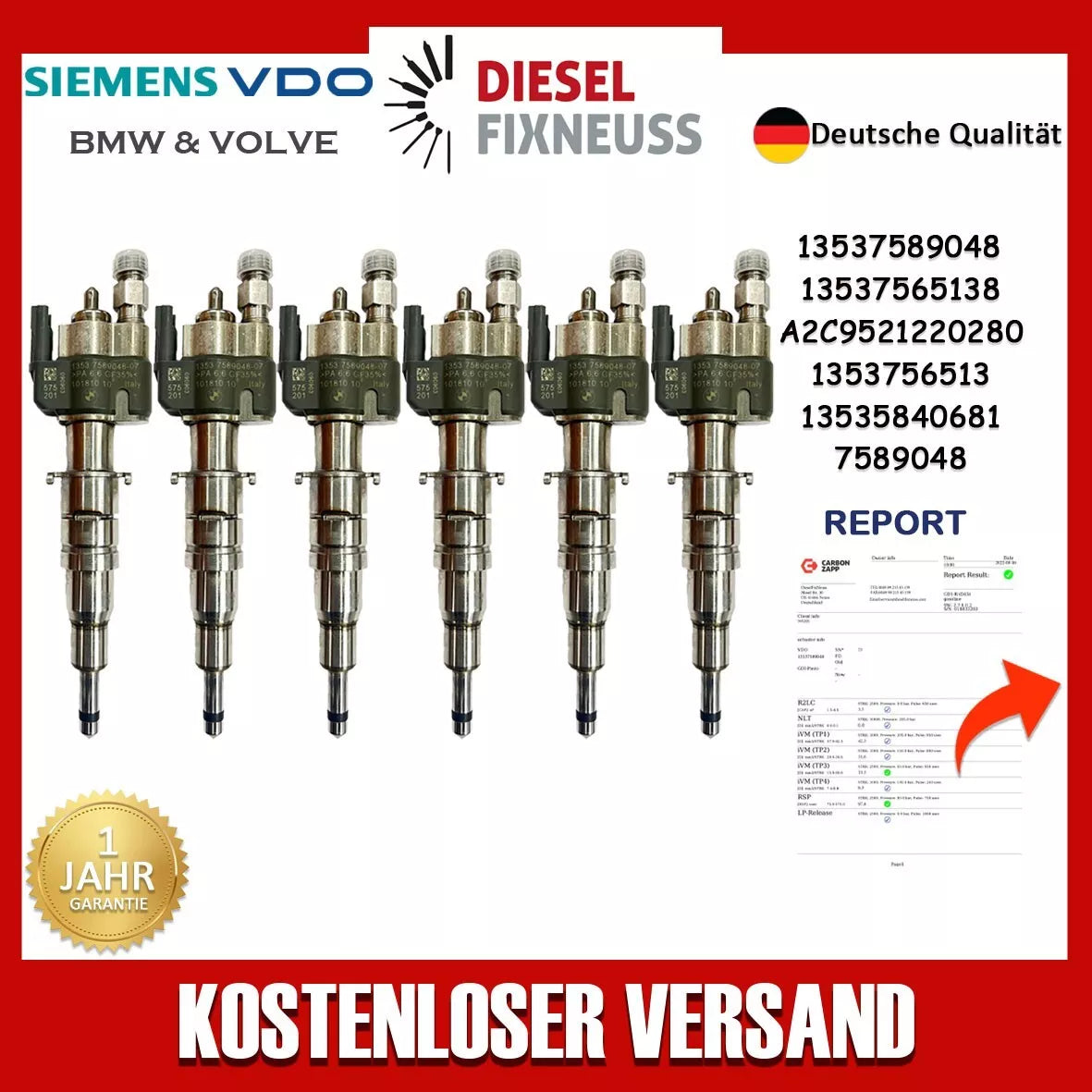 6x Einspritzdüse Passt für BMW Benzin 1er 3er 5er 6er 13537589048-07 / 13537565138