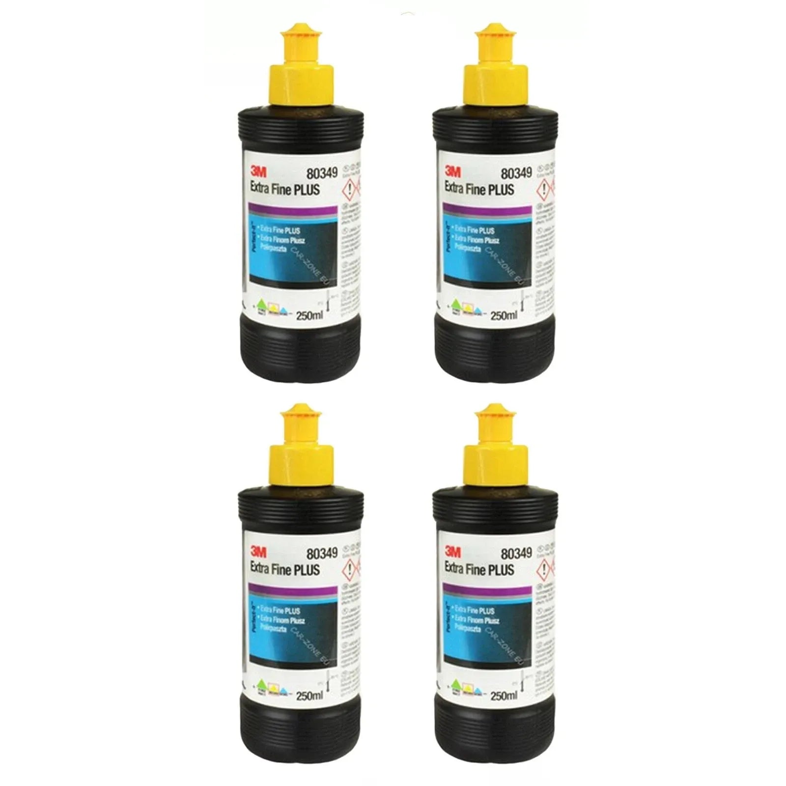 4x 3M Perfect-It III Extrafine 80349 (250 mL) is an award-winning, color-coded fine abrasive paste designed for finishing modern scratch-resistant clear coats, removing fine and coarse sanding scratches without causing orange peel effect, suitable for 2K standard paints and usable by hand or machine for outstanding paint finishing