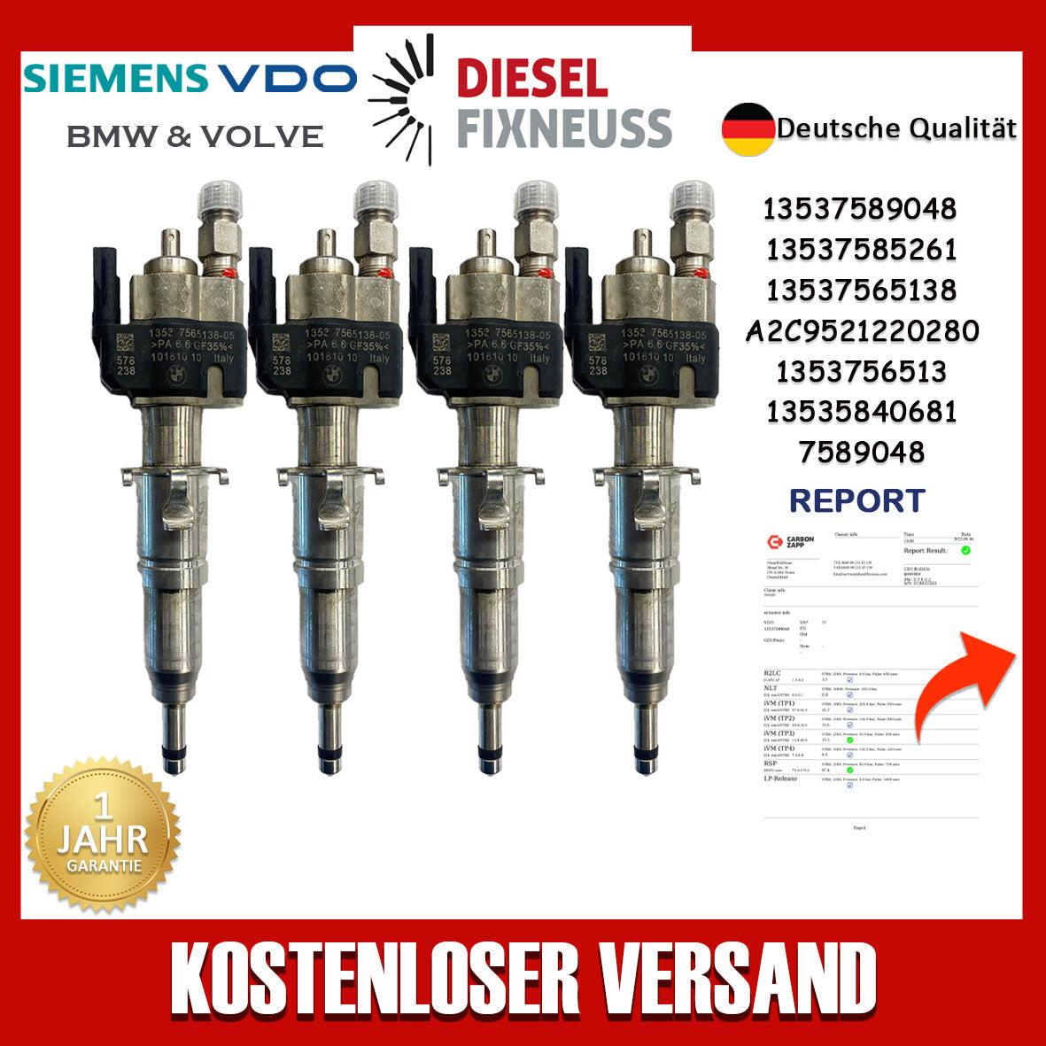 4x Injektor VDO 13537589048 13537585261 13537565138-05 N43 N53 BMW Petrol