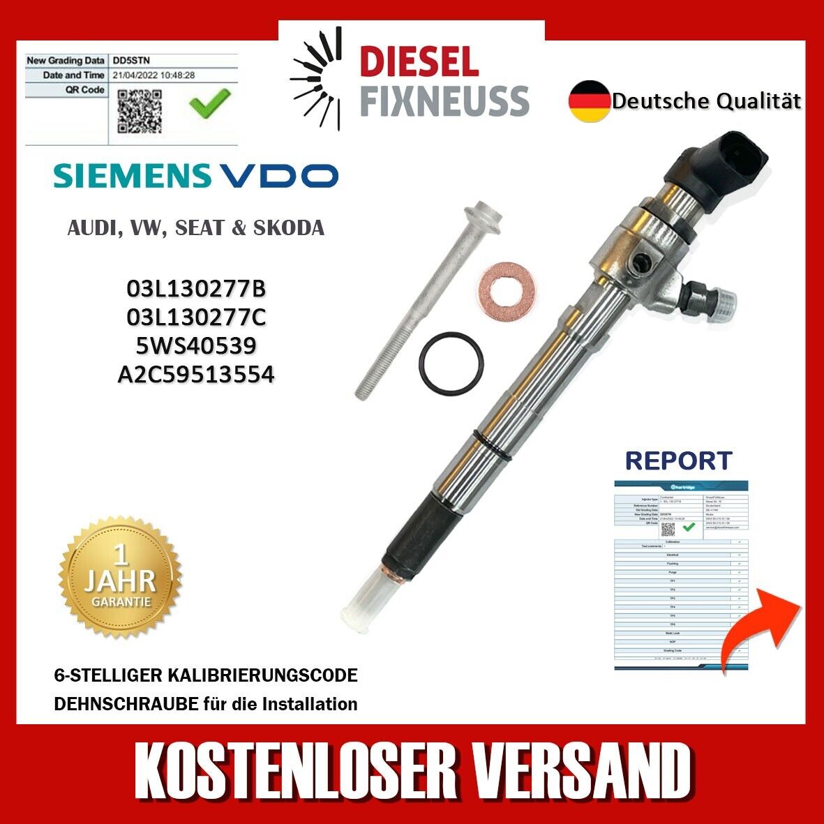4x Injektor Einspritzdüse 03L130277B Siemens VW Motor 1,6 TDI CONTINENTAL