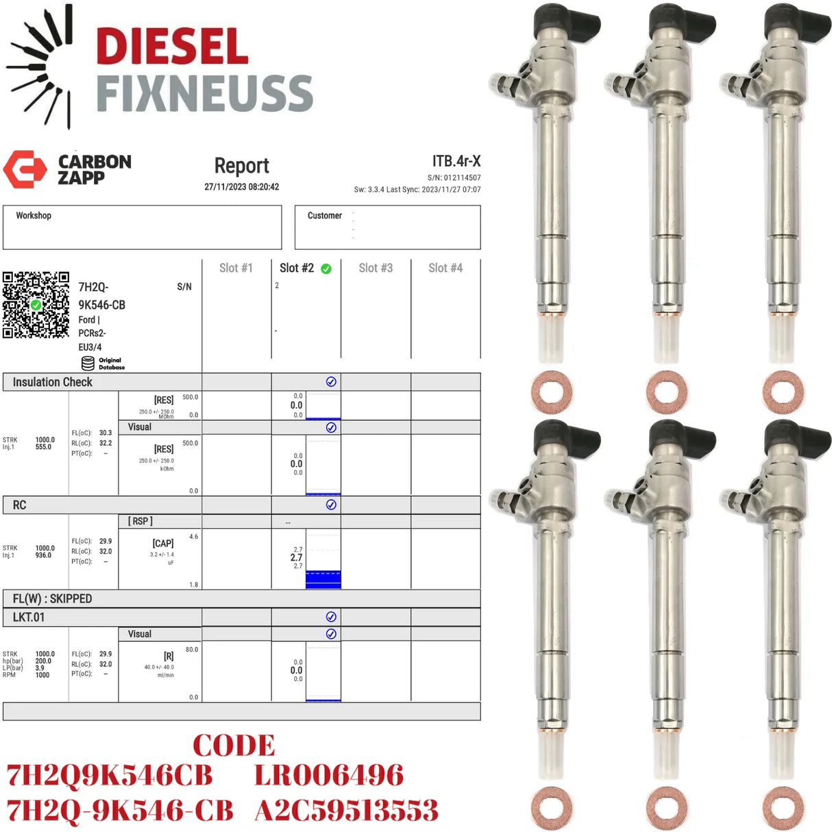 6x Siemens/Vdo Injectors (7H2Q-9K546-CB) with Test Report for Land Rover Discovery III, IV, and Range Rover Sport (2004-2018). Compatible with 2.7 TDV6 Diesel Euro 4 engines, 2720cc, 140 KW, 190 HP. Part numbers: LR008837, LR006496, A2C59513553, X11-800-002-002Z.