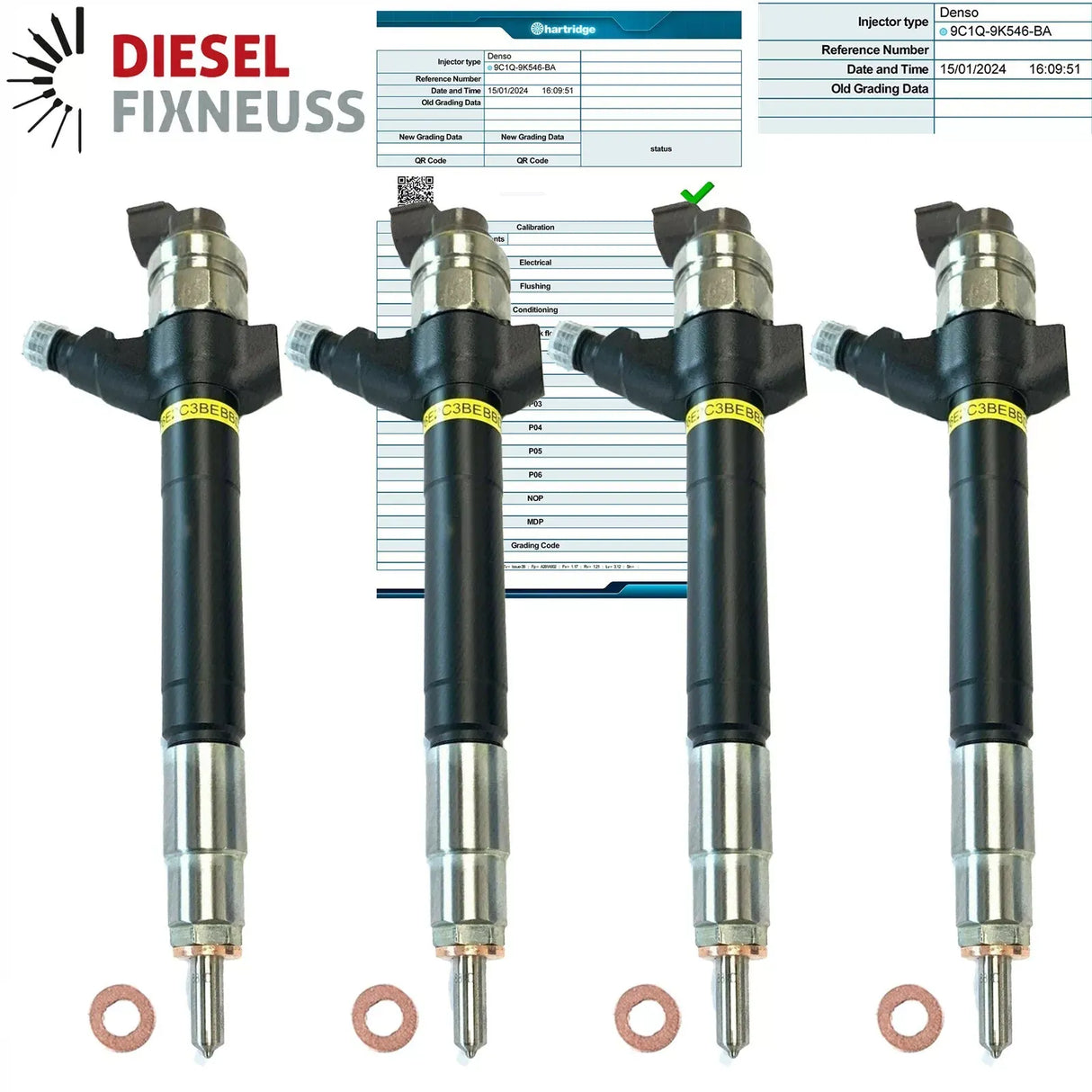 4x DENSO Injectors 9C1Q-9K546-BA for Ford Transit 2.4 TDCi (2006-2014) with test report. Compatible with all engines 74-103 KW.