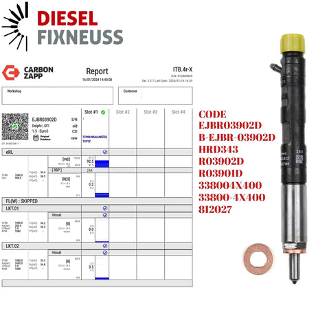 Refurbished injector EJBR03902D for Kia Carnival 2.9 CRDi (J3 engine), includes test report – compatible with 144–192 PS models from 2001–2015