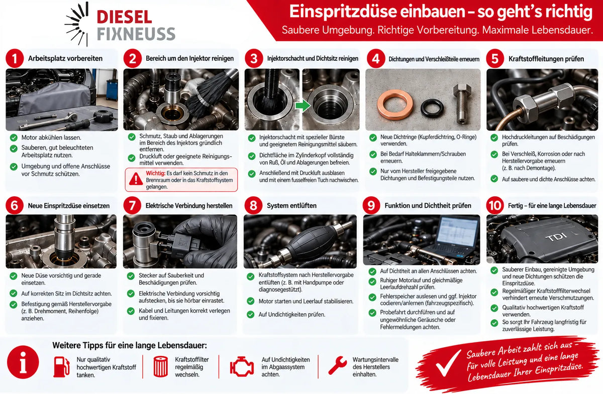 DieselFixNeuss Anleitung zum Einbau von Dieselinjektoren in 10 Schritten – Reinigung, Dichtungswechsel, Montage und Dichtheitsprüfung.