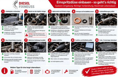 DieselFixNeuss Anleitung zum Einbau von Dieselinjektoren in 10 Schritten – Reinigung, Dichtungswechsel, Montage und Dichtheitsprüfung.