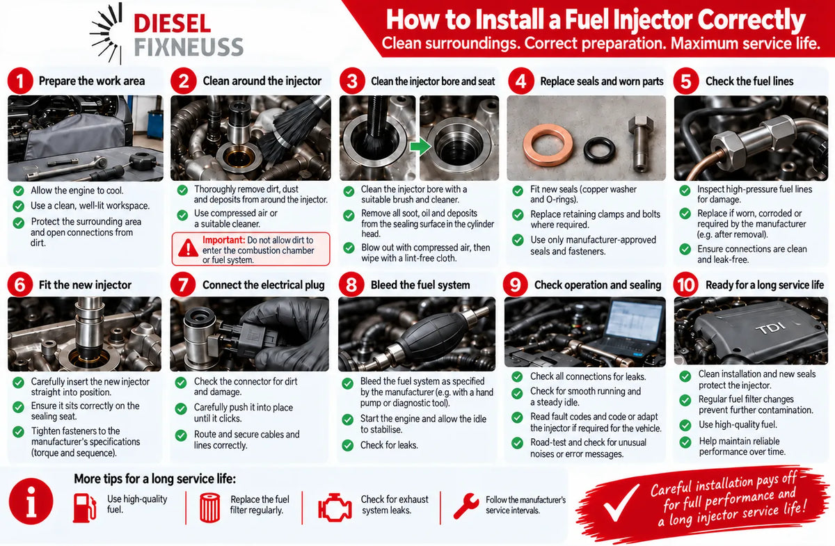 DieselFixNeuss diesel injector installation guide in 10 steps, covering cleaning, seal replacement, fitting and leak checks.