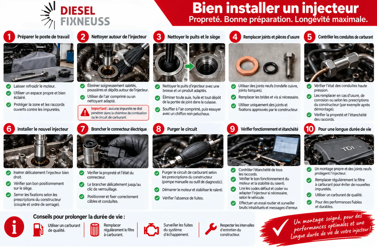 Guide DieselFixNeuss pour installer un injecteur diesel en 10 étapes : nettoyage, remplacement des joints, montage et contrôle d’étanchéité.