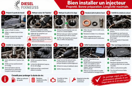 Guide DieselFixNeuss pour installer un injecteur diesel en 10 étapes : nettoyage, remplacement des joints, montage et contrôle d’étanchéité.